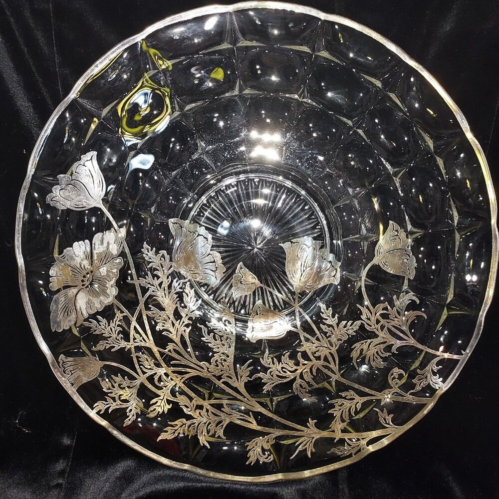 Cake Plate Flanders Clear Sterling Overlay Poppy Silver City Serving Platter 13"